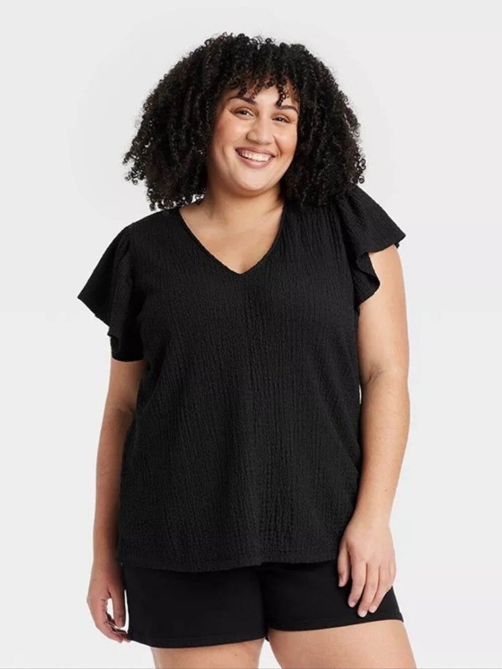 Ava & Viv Black Textured Flutter Sleeve V-Neck Top Plus Size 1x